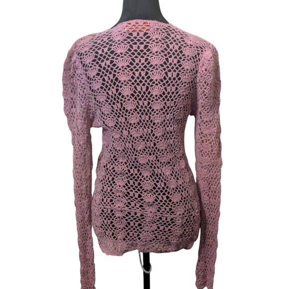 Oscar de la Renta Pink Crochet Knit Sweater Y2K Fairycore Cottagecore V-Neck S - Picture 7 of 7